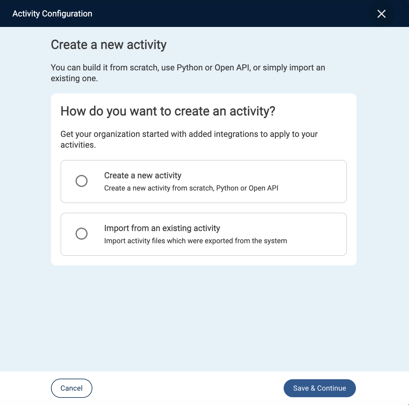 Activity Configuration Popup