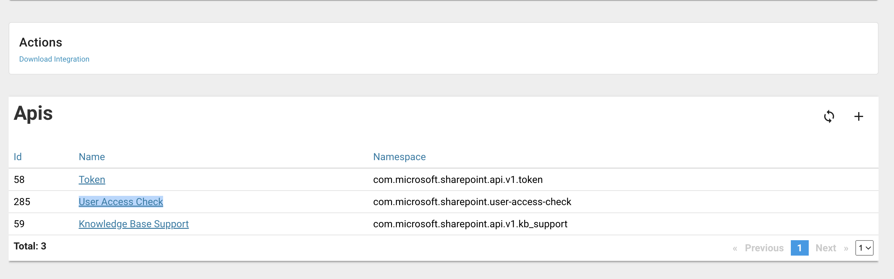 Barista Control Center Apis list showing the User Access Check API