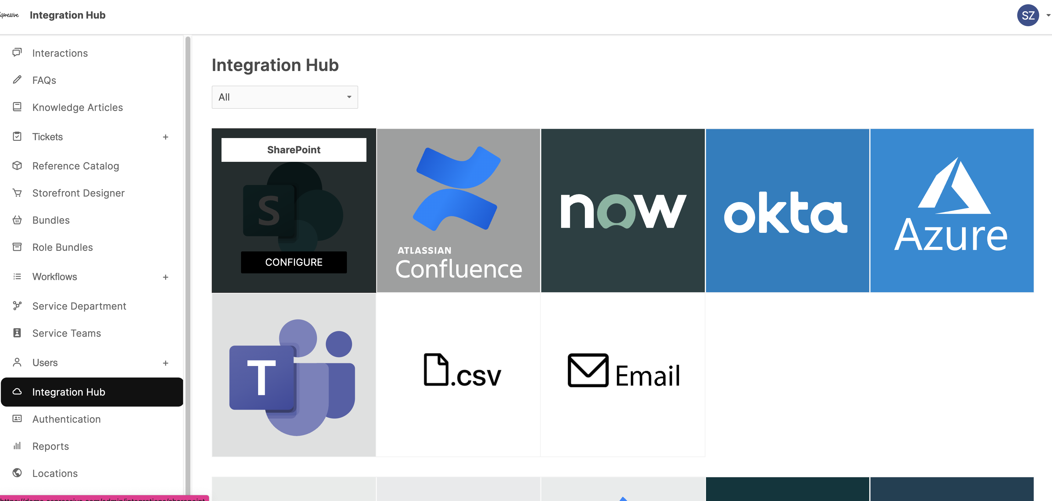 Integration Hub with the Configure button shown on hover over the SharePoint tile