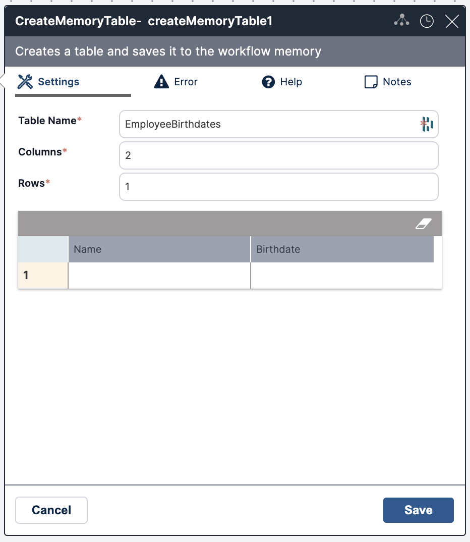 create memory table