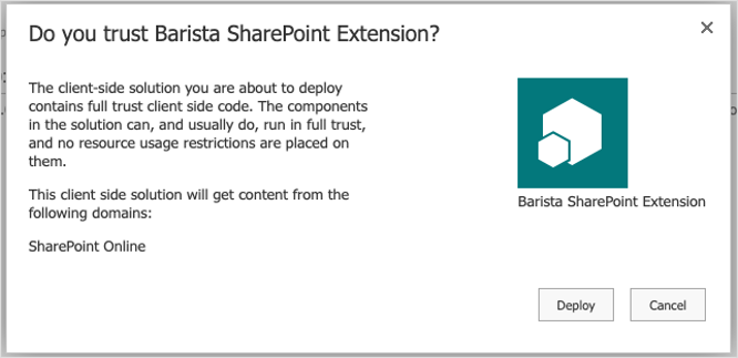 Deploy Barista SharePoint extension prompt