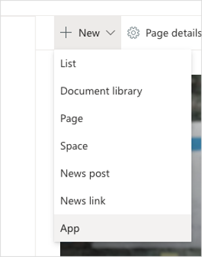 New App menu option on SharePoint site home page