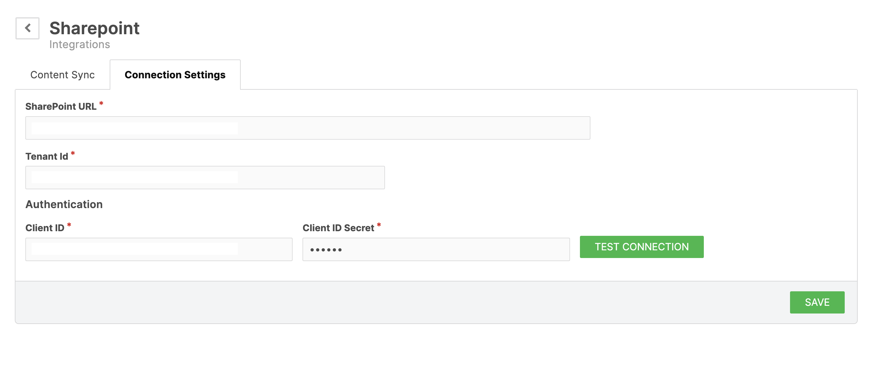 SharePoint integration Connection Settings tab