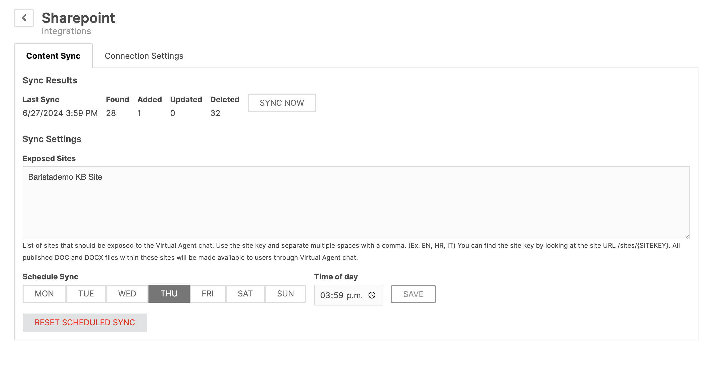 SharePoint integration Content Sync tab