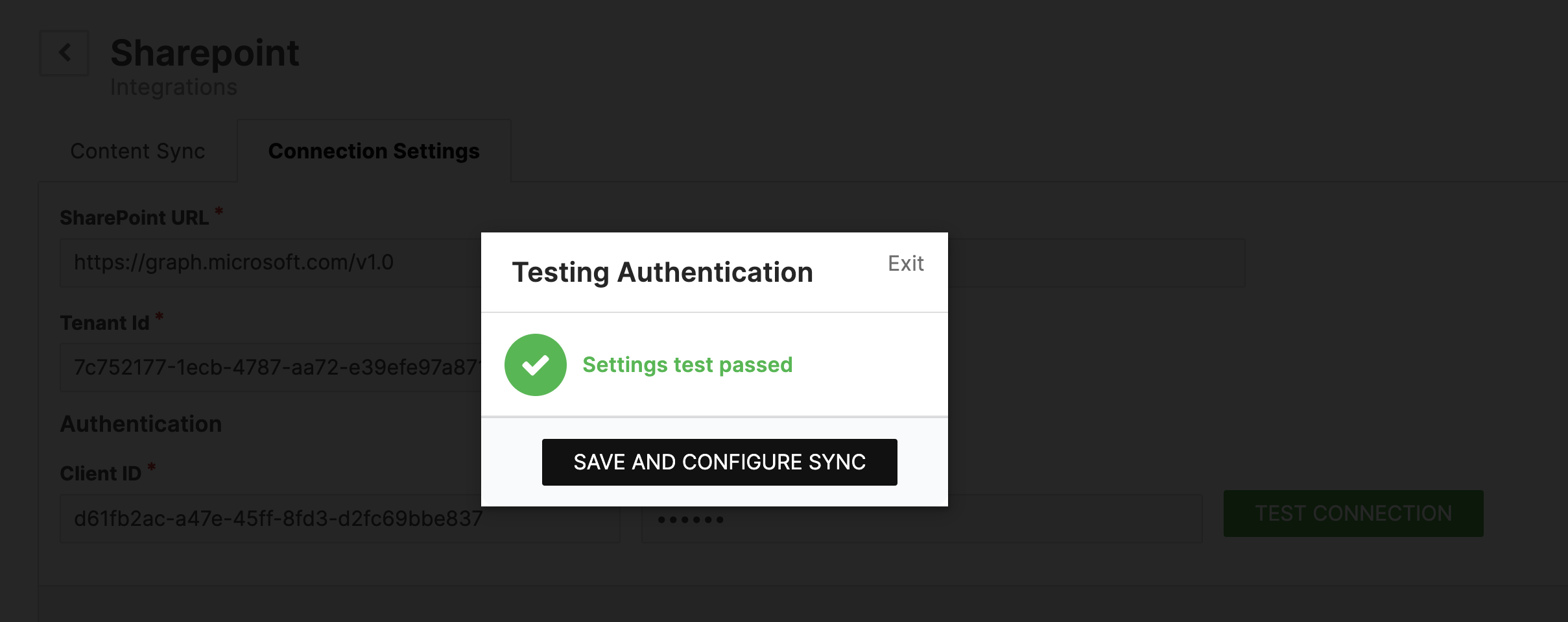 Testing Authentication dialog confirming the settings test passed